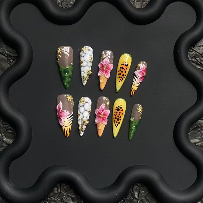 100% Handmade Stiletto Press On Nails 10Pcs, Wild Safari Style False Nails, 3D Pink Flower, Leopard & Tiger Print, Marble & Gold Foil Reusable Fake Nails