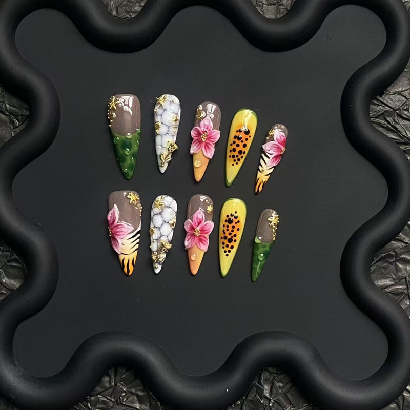 100% Handmade Stiletto Press On Nails 10Pcs, Wild Safari Style False Nails, 3D Pink Flower, Leopard & Tiger Print, Marble & Gold Foil Reusable Fake Nails