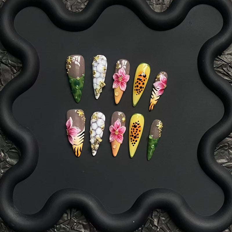 100% Handmade Stiletto Press On Nails 10Pcs, Wild Safari Style False Nails, 3D Pink Flower, Leopard & Tiger Print, Marble & Gold Foil Reusable Fake Nails