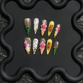 100% Handmade Stiletto Press On Nails 10Pcs, Wild Safari Style False Nails, 3D Pink Flower, Leopard & Tiger Print, Marble & Gold Foil Reusable Fake Nails