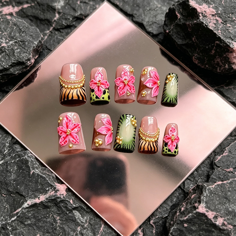 100% Handmade Press On Nails, 10Pcs Square False Nails, 3D Pink Flower with Zebra & Leopard Print, Gold Bead Decor Reusable Fake Nails