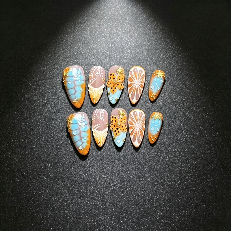 100% Handmade Press On Nails 10Pcs Almond False Nails, 3D Orange Butterfly & Water Drop Design, Blue Orange Gradient Reusable Fake Nails