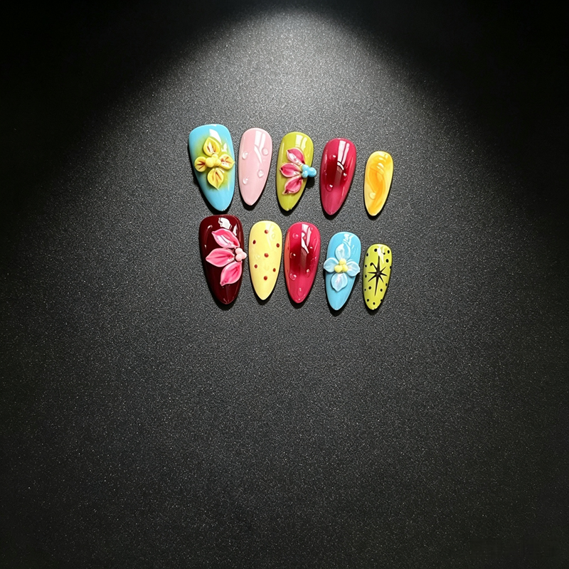 100% Handmade Almond Press On Nails 10Pcs, Colorful 3D Hand-Sculpted Floral False Nails, Polka Dot & Star Print Reusable Fake Nails for Women