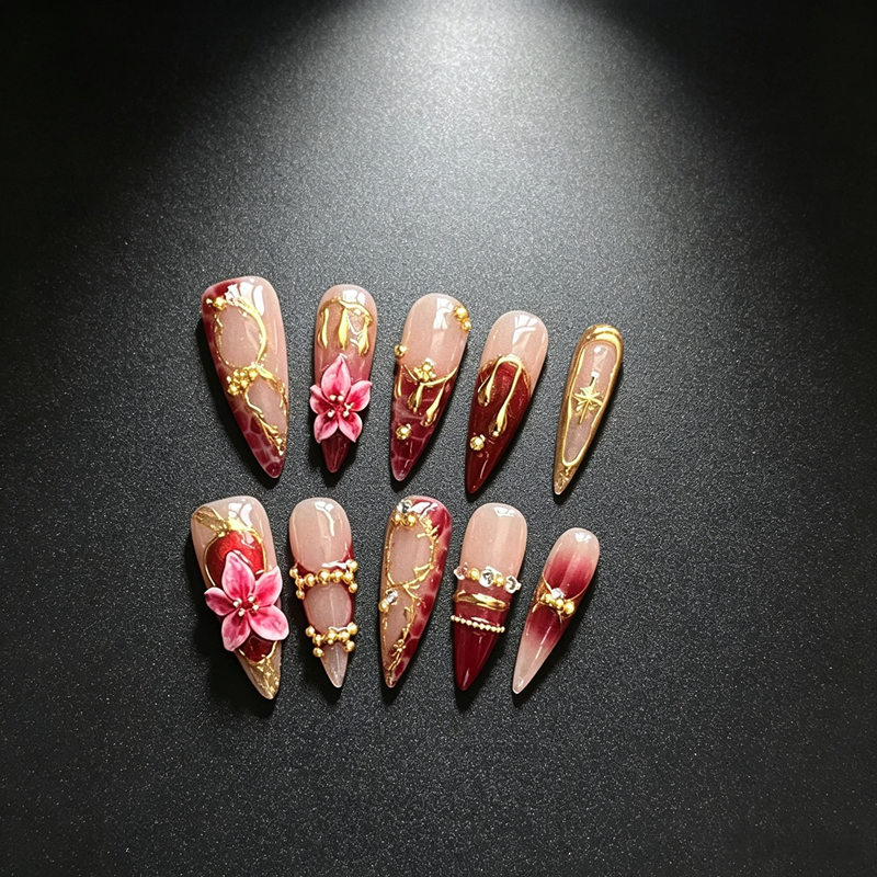 100% Handmade Stiletto Press On Nails 10Pcs, Red Marbled 3D Pink Flower Gold Metal Chain Luxury Reusable False Nails