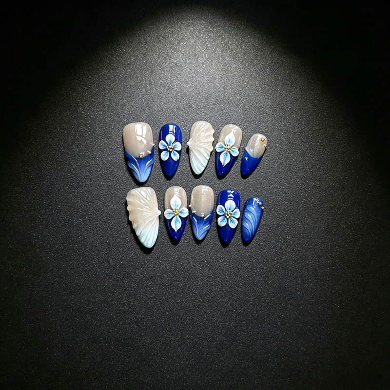 100% Handmade Almond Press On Nails 10Pcs, Blue Ombre 3D Blue Flower & White Shell False Nails, Reusable Ocean Style Fake Nails for Women