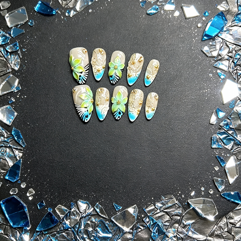100% Handmade Almond Press On Nails 10Pcs, Punk‑Style 3D Pink Flower with Metal Ring Cross Charm, Black‑White Polka‑Dot Pearl Reusable False Nails for Women