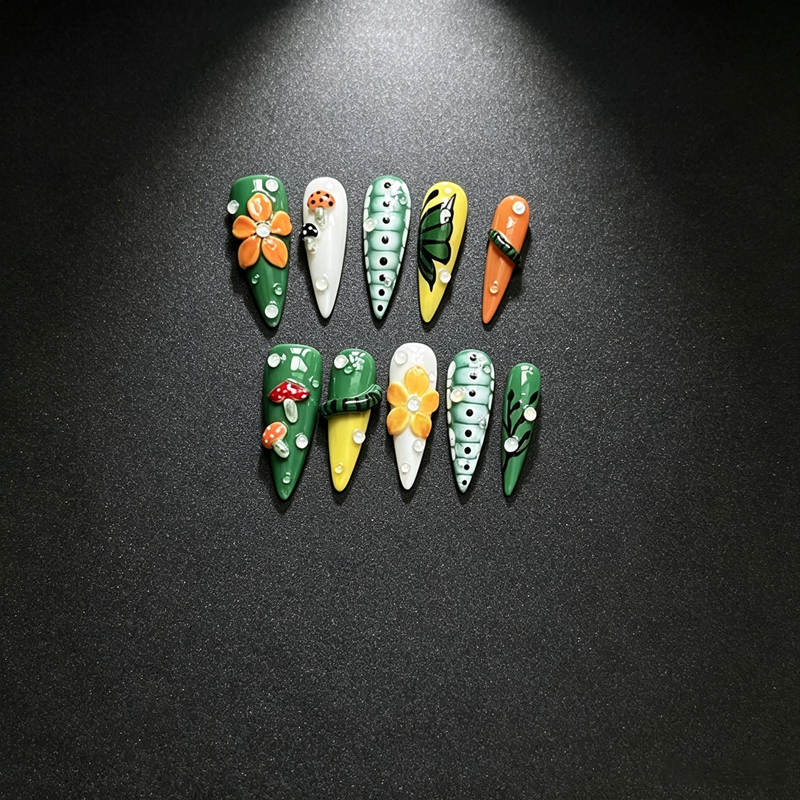 100% Handmade Medium Almond Press On Nails 10Pcs, Mint‑Green Base with Leopard & Zebra Print, 3D Black Rose & Gold Rhinestone Reusable False Nails for Women