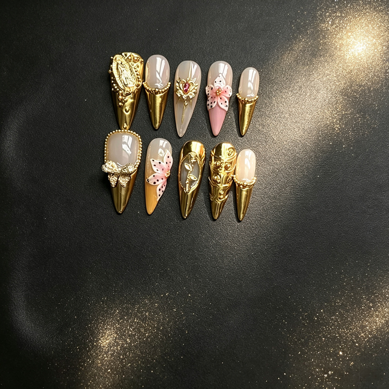 100% Handmade Medium Almond Press On Nails 10Pcs, Retro Tortoiseshell Green Base 3D Pink Flower Starfish Gold Charm Reusable Vacation‑Style False Nails for Women
