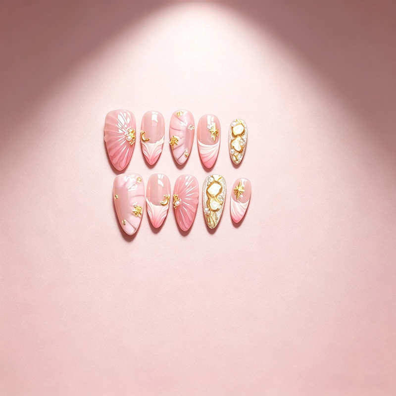 100% Handmade Almond Press On Nails 10Pcs, Pink Gradient 3D Shell Star Moon Gold Charm, Mermaid Ocean Style Reusable False Nails for Women