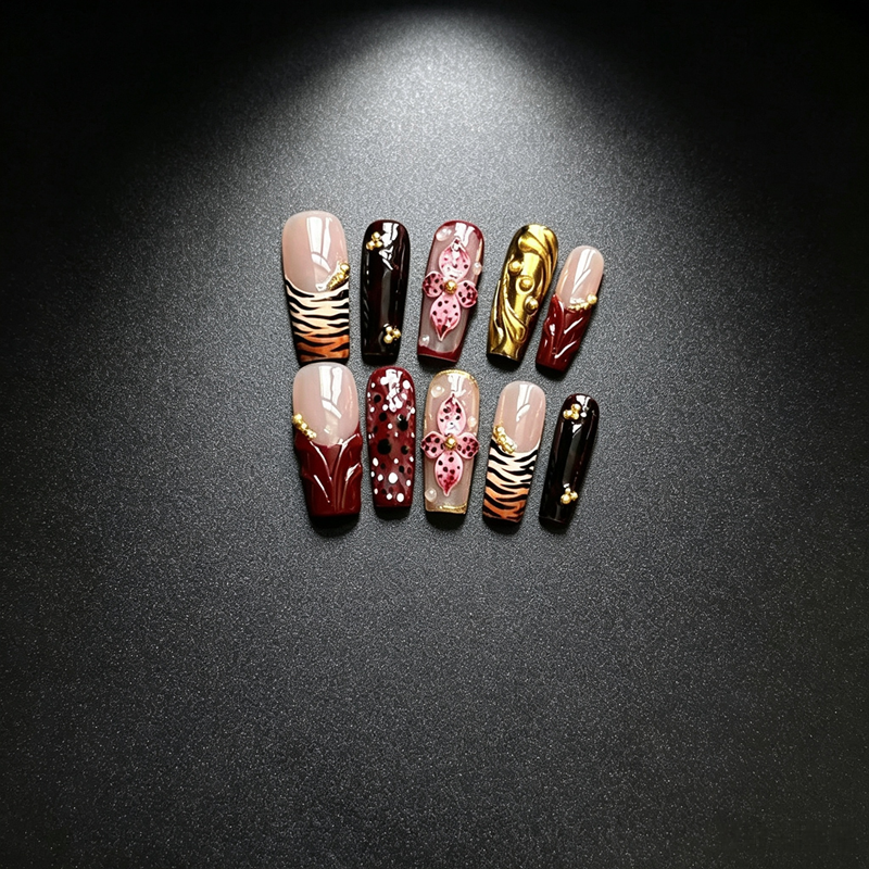 100% Handmade Long Square Press On Nails 10Pcs, Wine Red Tiger Stripe 3D Pink Floral Gold Metal Decor, Luxury Wild Style Reusable False Nails for Women