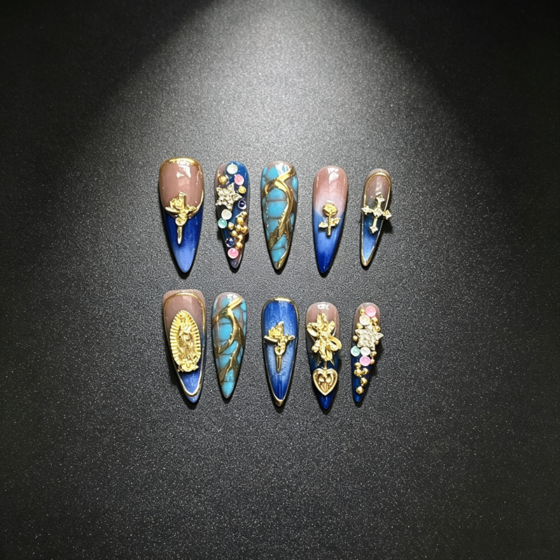 100% Handmade Press On Nails 10Pcs Stiletto False Nails, Luxury 3D Gold Charms & Rhinestone Design, Blue Ombre Gradient Reusable Fake Nails for Party Wedding