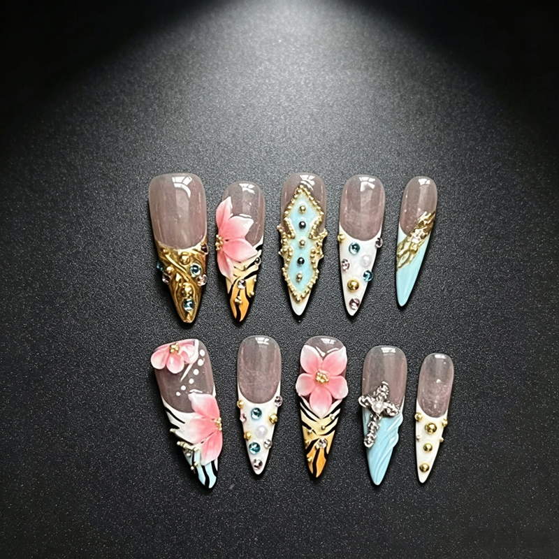 100% Handmade Press On Nails 10Pcs Stiletto False Nails, Luxury 3D Gold Charms & Rhinestone Design, Blue French Style Reusable Fake Nails for Party Wedding