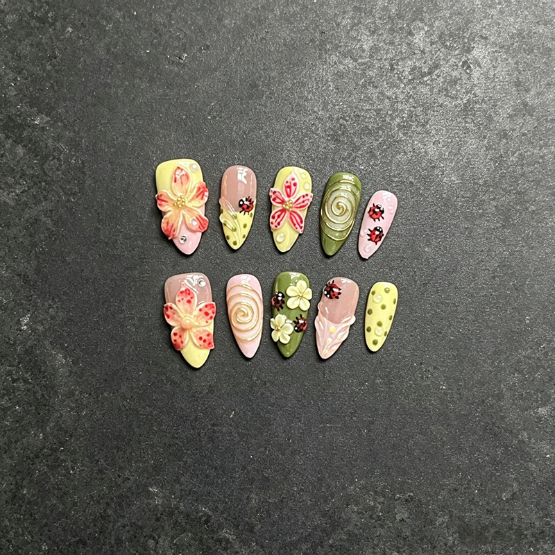 100% Handmade Press On Nails 10Pcs Almond False Nails, Cute 3D Flower & Ladybug Design, Pastel Yellow Pink Green Reusable Fake Nails for Spring Daily Party