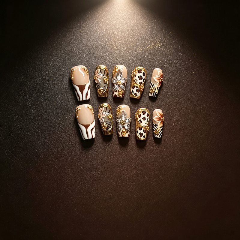 100% Handmade Square Press On Nails 10Pcs, Retro Western Style False Nails, Leopard Zebra Print, 3D Metal Flower & Gold Rhinestone Reusable Fake Nails