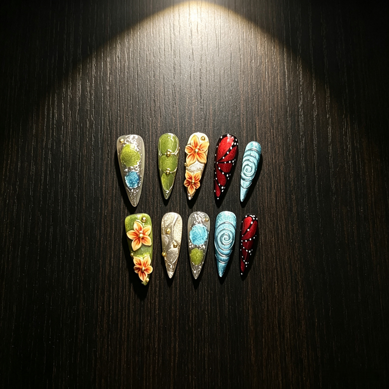 100% Handmade Stiletto Press On Nails 10Pcs, Artistic Hand Painted False Nails, 3D Floral, Butterfly Wing & Swirl Texture Reusable Fake Nails