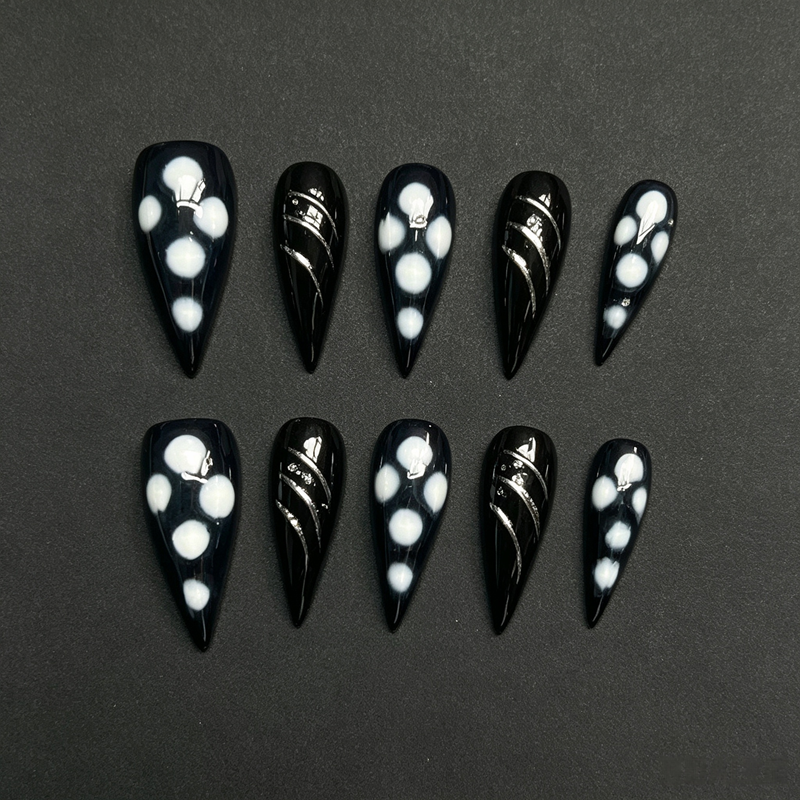 100% Handmade Dragon Press On Nails 10Pcs, Black Base Silver Dragon Line & White Dot False Nails, Dark Gothic Oriental Dragon Reusable Fake Nails