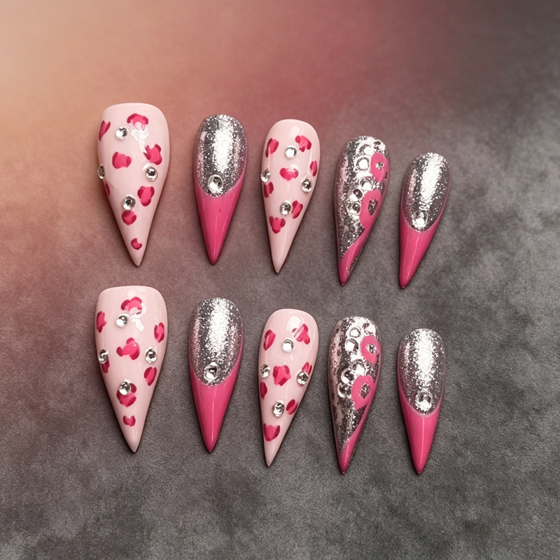 100% Handmade Dragon Press On Nails 10Pcs, Y2K Pink Leopard Print False Nails, Silver Glitter Tip & Rhinestone Sweet Cool Reusable Fake Nails