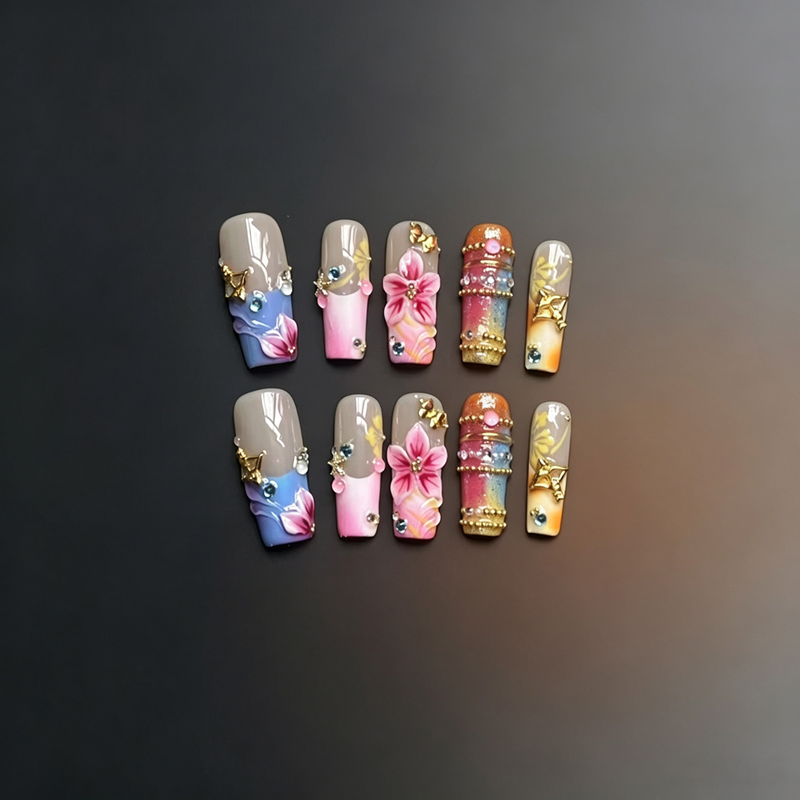 100% Handmade Square Press On Nails, 3D Carved Floral False Nails, Colorful Gradient with Rhinestone & Gold Charm Luxury Reusable Fake Nails