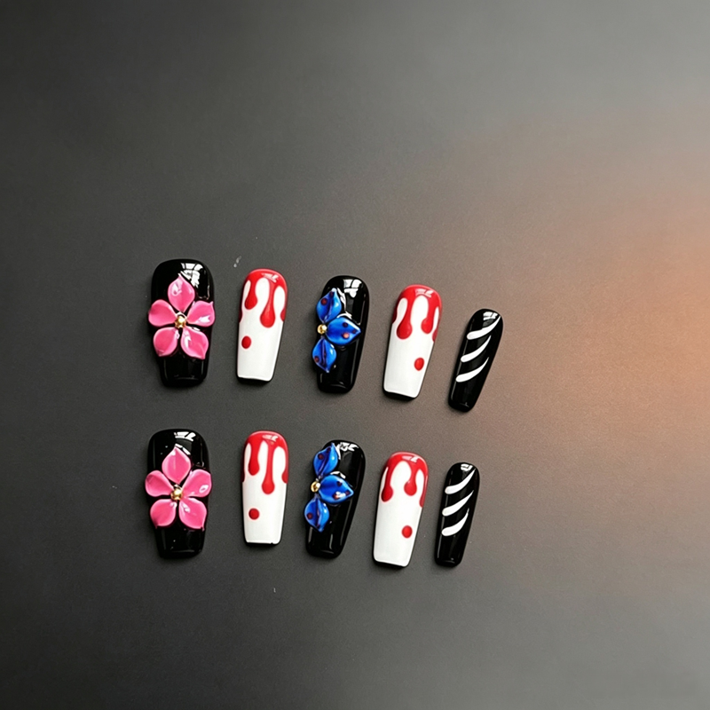 100% Handmade Medium Square Press On Nails, Gothic 3D Flower & Blood Drip False Nails, Black White Red Butterfly Reusable Fake Nails for Halloween