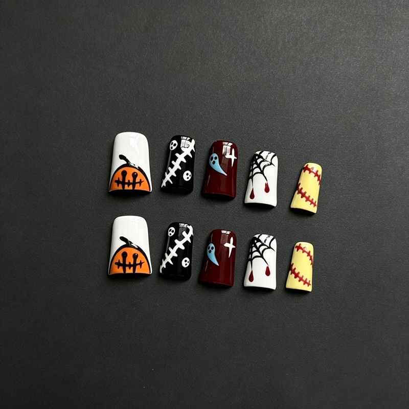 100% Handmade Duck Bill Press On Nails, Halloween Cartoon False Nails, Pumpkin Ghost Spider Web Blood Drip Stitch Design Reusable Fake Nails