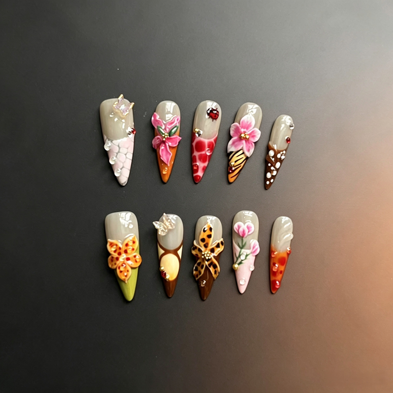 100% Handmade Stiletto Press On Nails, 3D Carved Floral & Animal Print False Nails, Butterfly Ladybug Rhinestone Luxury Reusable Fake Nails