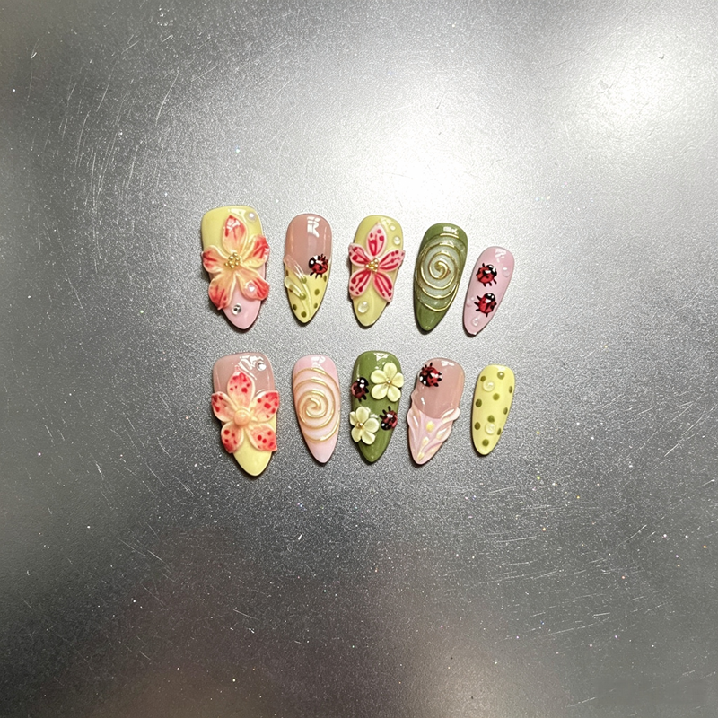 100% Handmade Press On Nails 10Pcs Almond False Nails, Cute 3D Flower & Ladybug Design, Pastel Yellow Pink Green Reusable Fake Nails for Spring Daily Party