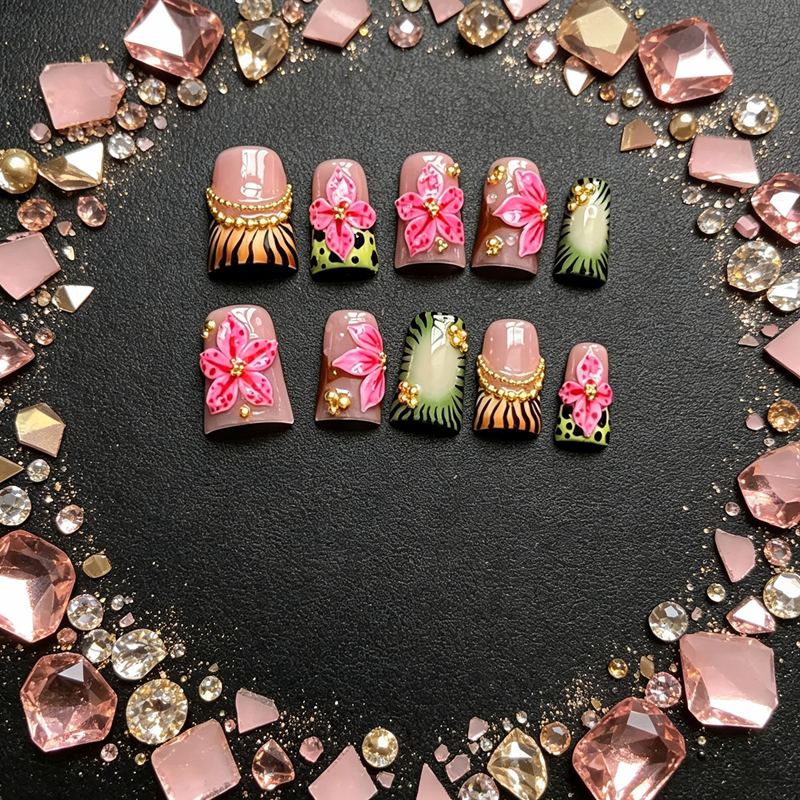 100% Handmade Press On Nails, 10Pcs Square False Nails, 3D Pink Flower with Zebra & Leopard Print, Gold Bead Decor Reusable Fake Nails