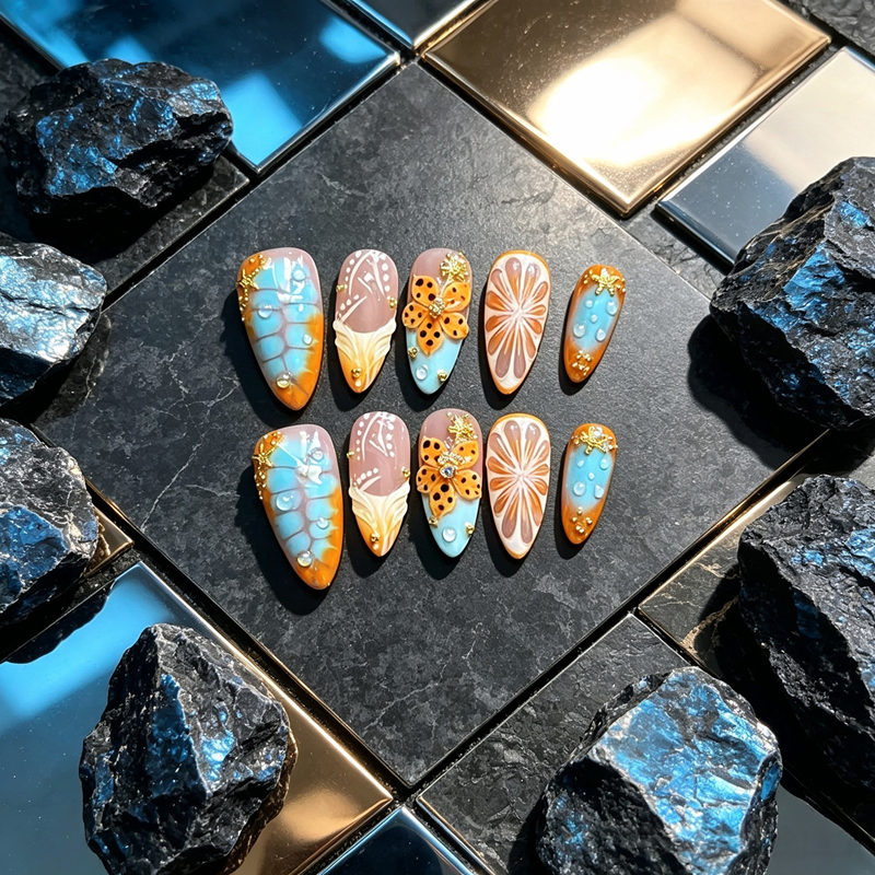 100% Handmade Press On Nails 10Pcs Almond False Nails, 3D Orange Butterfly & Water Drop Design, Blue Orange Gradient Reusable Fake Nails