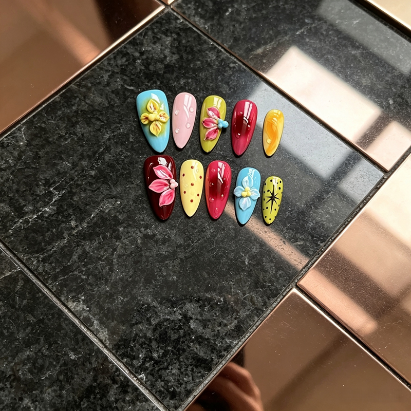 100% Handmade Almond Press On Nails 10Pcs, Colorful 3D Hand-Sculpted Floral False Nails, Polka Dot & Star Print Reusable Fake Nails for Women