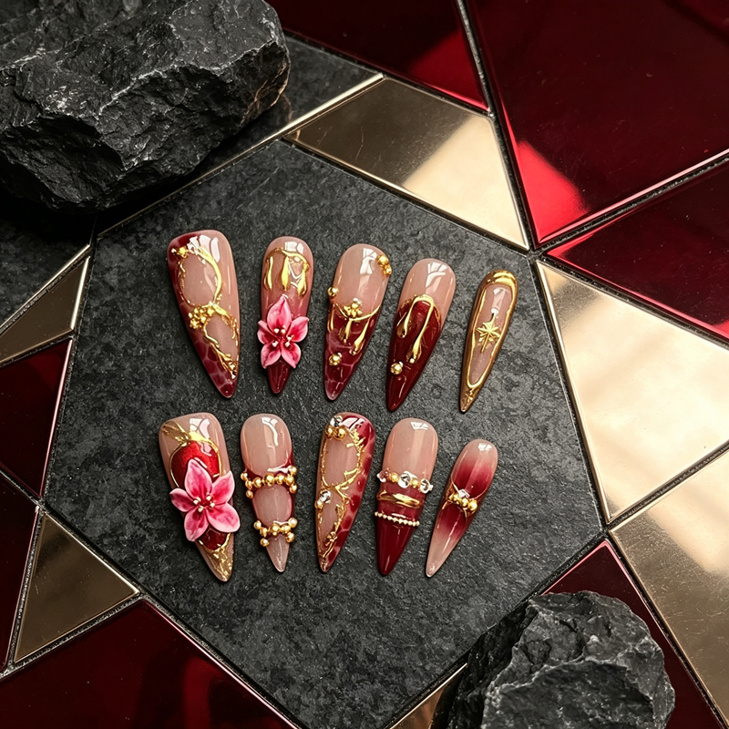 100% Handmade Stiletto Press On Nails 10Pcs, Red Marbled 3D Pink Flower Gold Metal Chain Luxury Reusable False Nails