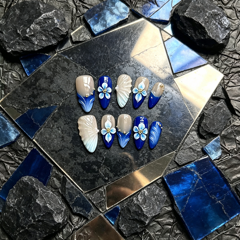 100% Handmade Almond Press On Nails 10Pcs, Blue Ombre 3D Blue Flower & White Shell False Nails, Reusable Ocean Style Fake Nails for Women