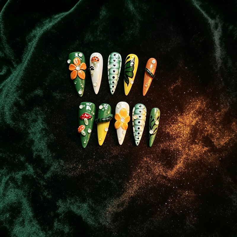100% Handmade Medium Almond Press On Nails 10Pcs, Mint‑Green Base with Leopard & Zebra Print, 3D Black Rose & Gold Rhinestone Reusable False Nails for Women