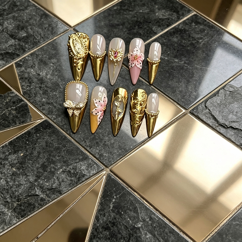 100% Handmade Medium Almond Press On Nails 10Pcs, Retro Tortoiseshell Green Base 3D Pink Flower Starfish Gold Charm Reusable Vacation‑Style False Nails for Women