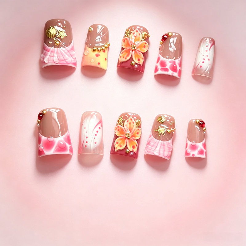 100% Handmade Duck Bill Press On Nails 10Pcs, 3D Embossed Orange Pink Flowers, Pink Blush Shell & Gold Bead Decor, Reusable False Nails for Women
