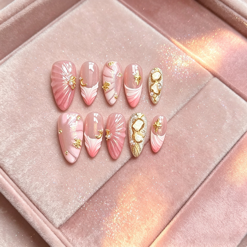 100% Handmade Almond Press On Nails 10Pcs, Pink Gradient 3D Shell Star Moon Gold Charm, Mermaid Ocean Style Reusable False Nails for Women