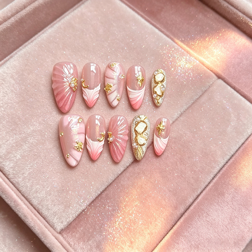 100% Handmade Almond Press On Nails 10Pcs, Pink Gradient 3D Shell Star Moon Gold Charm, Mermaid Ocean Style Reusable False Nails for Women