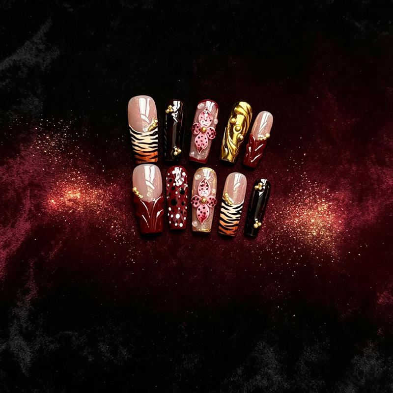 100% Handmade Long Square Press On Nails 10Pcs, Wine Red Tiger Stripe 3D Pink Floral Gold Metal Decor, Luxury Wild Style Reusable False Nails for Women
