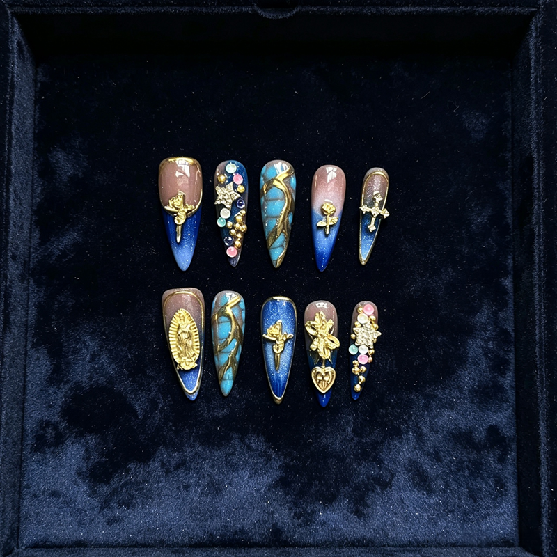 100% Handmade Press On Nails 10Pcs Stiletto False Nails, Luxury 3D Gold Charms & Rhinestone Design, Blue Ombre Gradient Reusable Fake Nails for Party Wedding