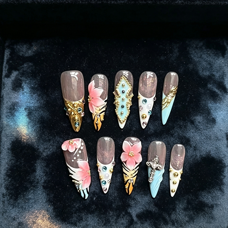 100% Handmade Press On Nails 10Pcs Stiletto False Nails, Luxury 3D Gold Charms & Rhinestone Design, Blue French Style Reusable Fake Nails for Party Wedding