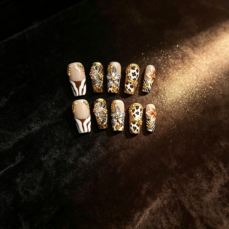 100% Handmade Square Press On Nails 10Pcs, Retro Western Style False Nails, Leopard Zebra Print, 3D Metal Flower & Gold Rhinestone Reusable Fake Nails