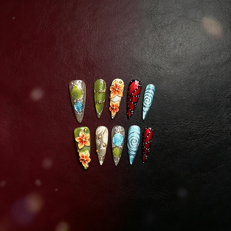 100% Handmade Stiletto Press On Nails 10Pcs, Artistic Hand Painted False Nails, 3D Floral, Butterfly Wing & Swirl Texture Reusable Fake Nails