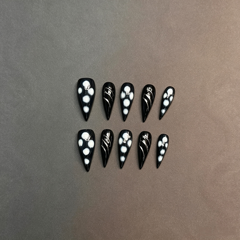100% Handmade Dragon Press On Nails 10Pcs, Black Base Silver Dragon Line & White Dot False Nails, Dark Gothic Oriental Dragon Reusable Fake Nails