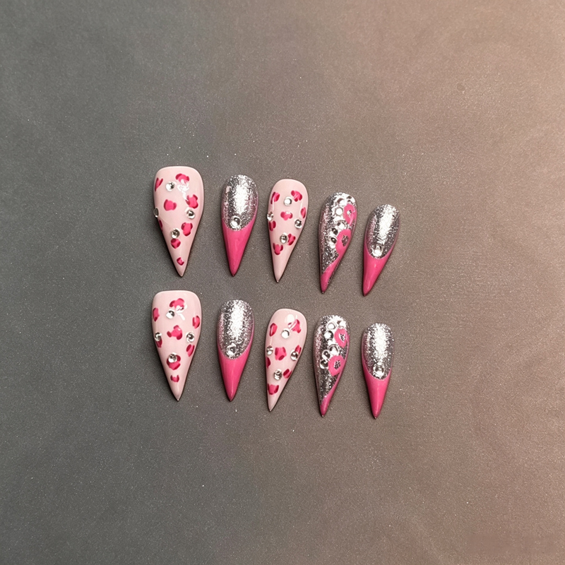 100% Handmade Dragon Press On Nails 10Pcs, Y2K Pink Leopard Print False Nails, Silver Glitter Tip & Rhinestone Sweet Cool Reusable Fake Nails