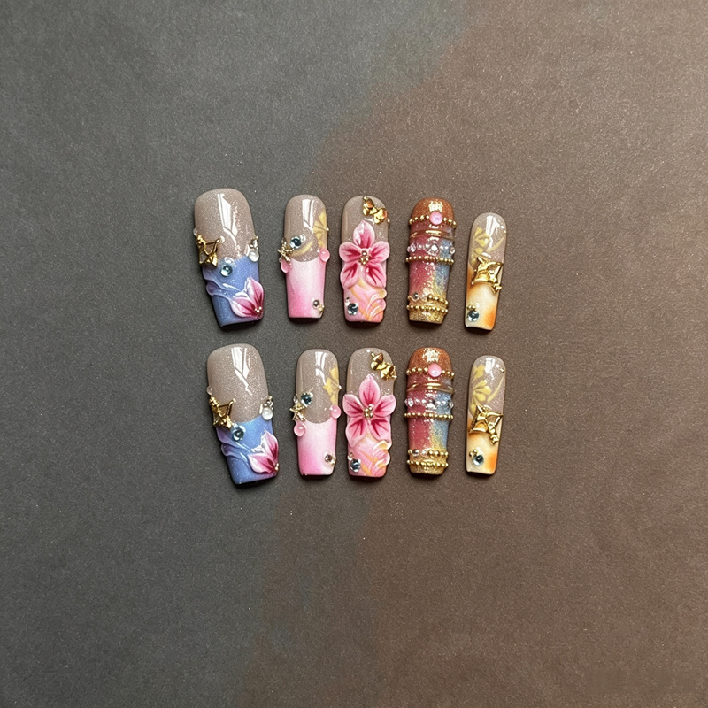100% Handmade Square Press On Nails, 3D Carved Floral False Nails, Colorful Gradient with Rhinestone & Gold Charm Luxury Reusable Fake Nails