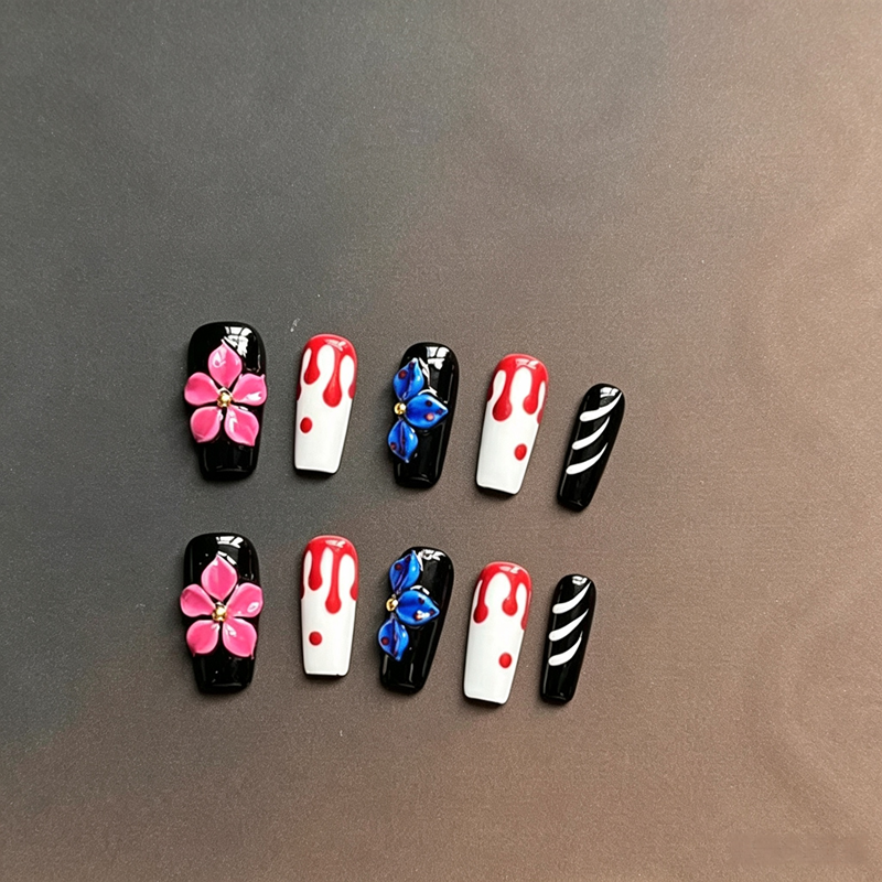 100% Handmade Medium Square Press On Nails, Gothic 3D Flower & Blood Drip False Nails, Black White Red Butterfly Reusable Fake Nails for Halloween