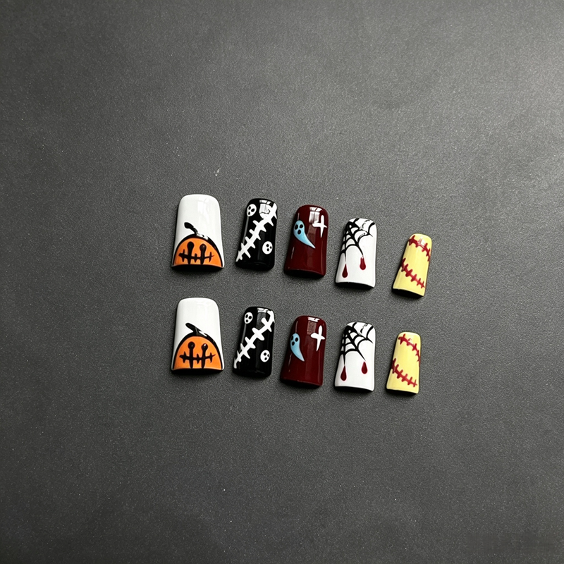 100% Handmade Duck Bill Press On Nails, Halloween Cartoon False Nails, Pumpkin Ghost Spider Web Blood Drip Stitch Design Reusable Fake Nails