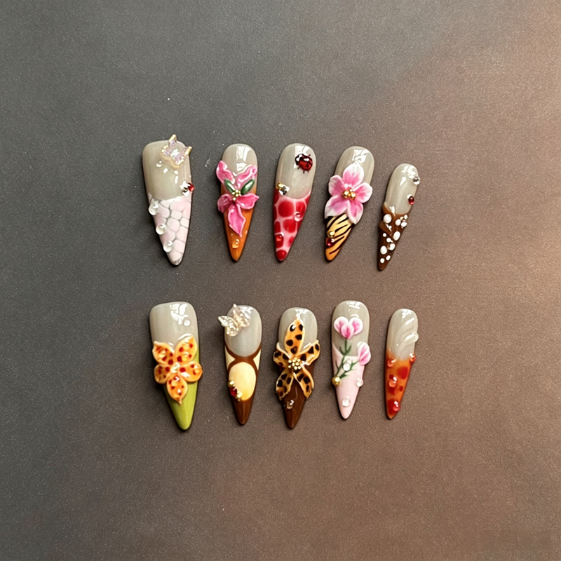 100% Handmade Stiletto Press On Nails, 3D Carved Floral & Animal Print False Nails, Butterfly Ladybug Rhinestone Luxury Reusable Fake Nails