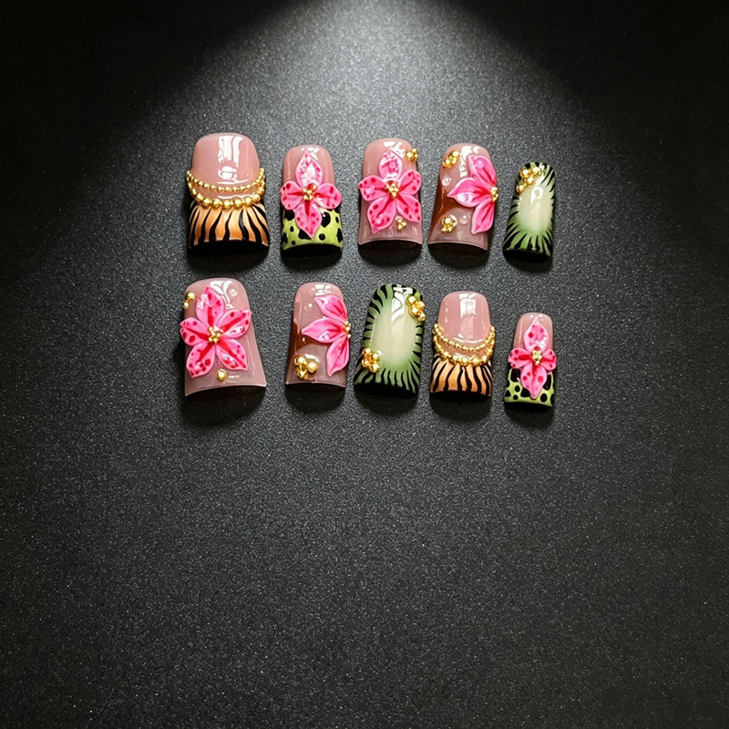 100% Handmade Press On Nails, 10Pcs Square False Nails, 3D Pink Flower with Zebra & Leopard Print, Gold Bead Decor Reusable Fake Nails