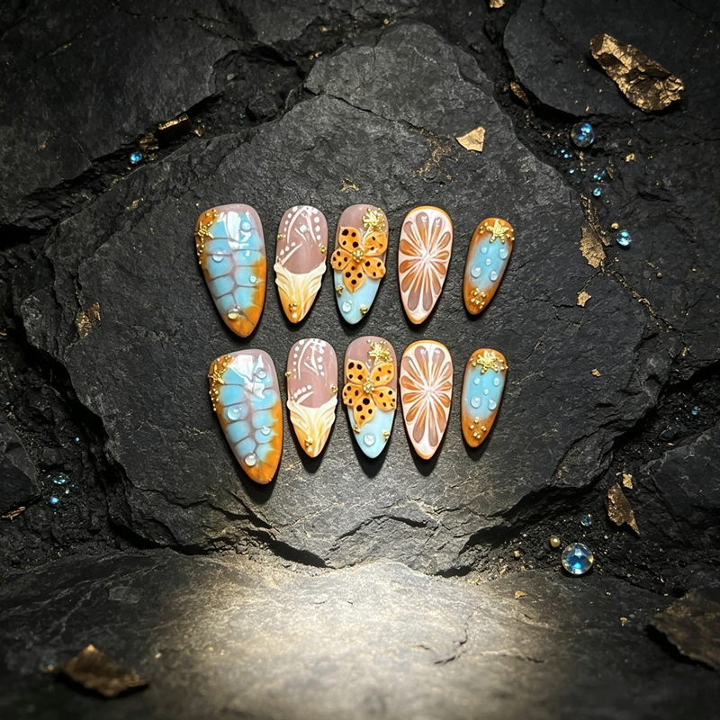 100% Handmade Press On Nails 10Pcs Almond False Nails, 3D Orange Butterfly & Water Drop Design, Blue Orange Gradient Reusable Fake Nails