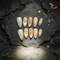 100% Handmade Press On Nails 10Pcs Almond False Nails, 3D Orange Butterfly & Water Drop Design, Blue Orange Gradient Reusable Fake Nails